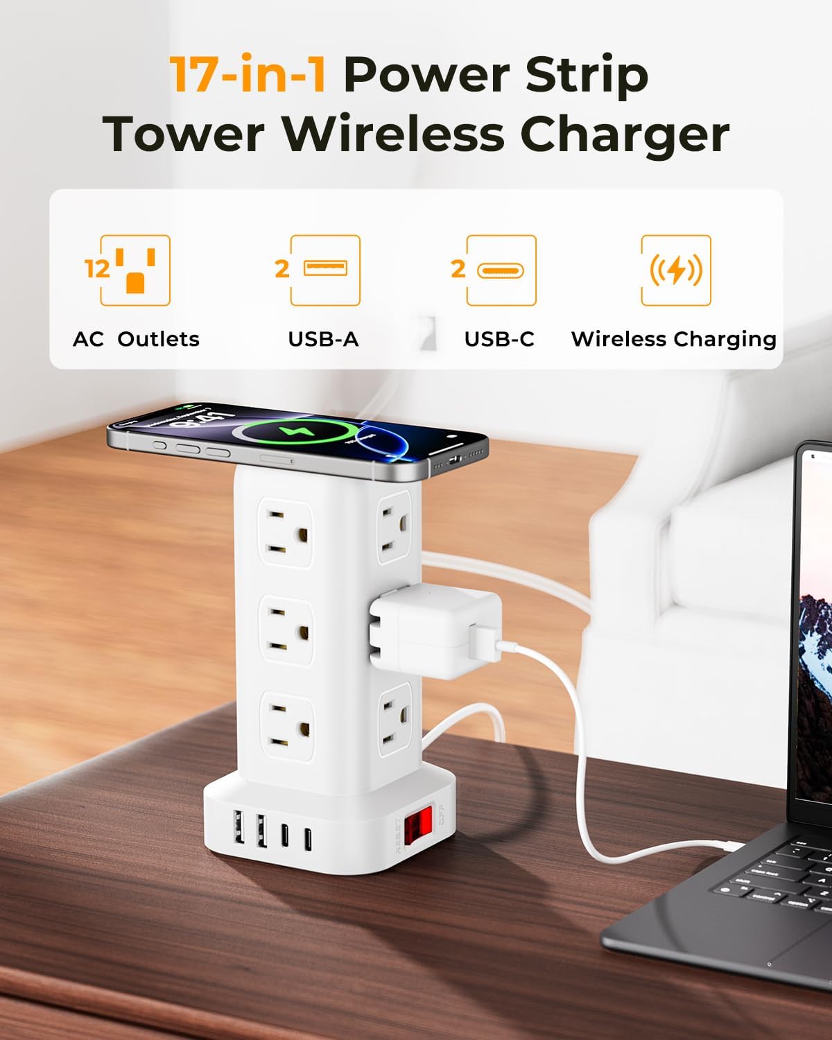 Power Strip with 12 Outlets 4 USB (1 USB C), 6.5Feet Extension Cord with Mult...