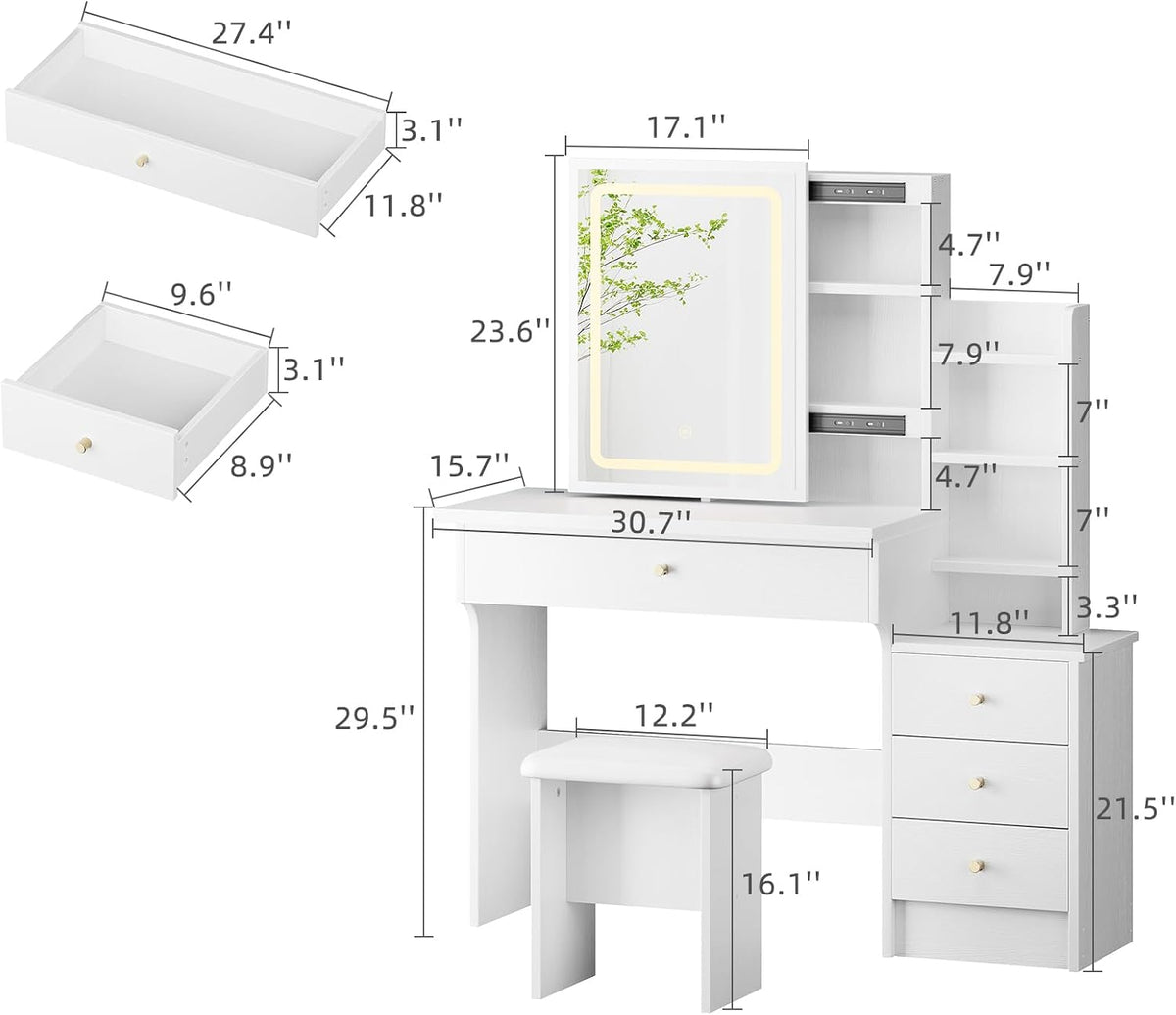 Memobarco White Makeup Vanity Desk with Sliding Mirror & 4 Drawers