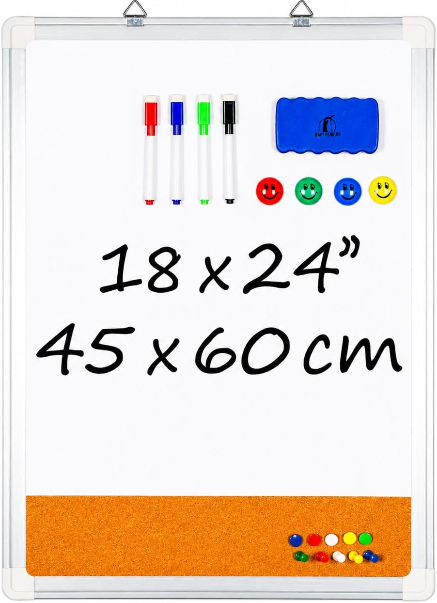White Board with Cork Board 18x24 in, Combo Dry Erase Board for Wall