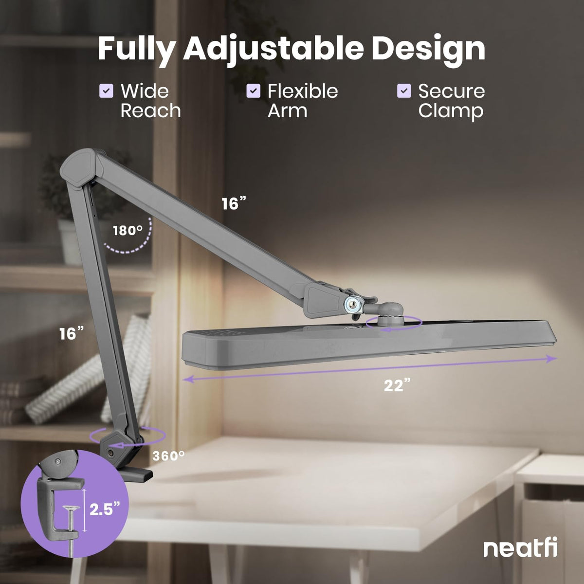 Neatfi 2500LM LED Task Lamp w/Clamp, 22-Inch Wide Head, Non-CCT (Silver)