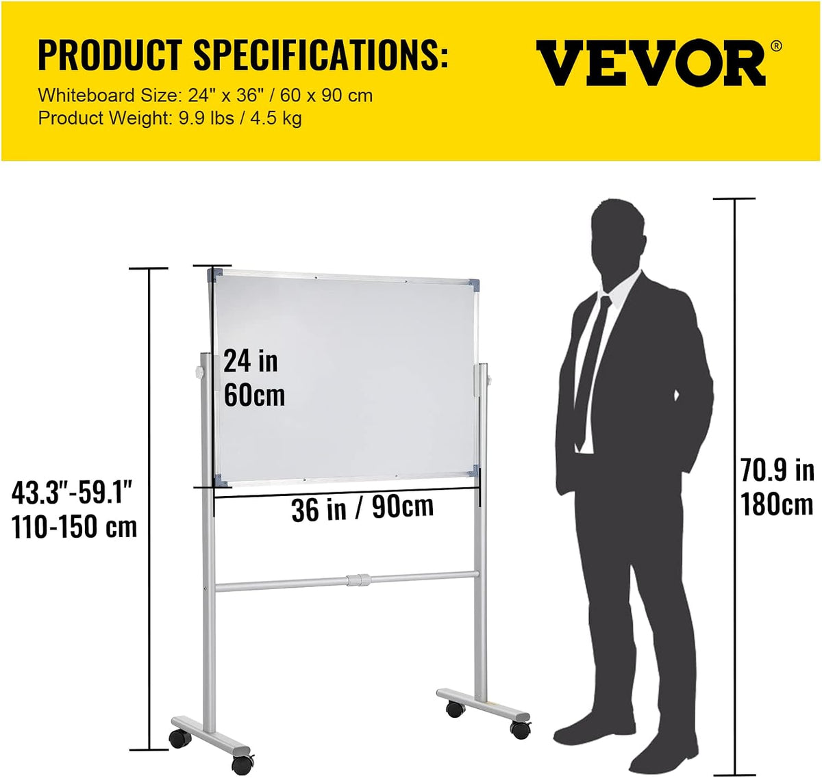 VEVOR Mobile Magnetic Whiteboard, 36 x 24 Inch, Double Sided, 360 Degree Reve...