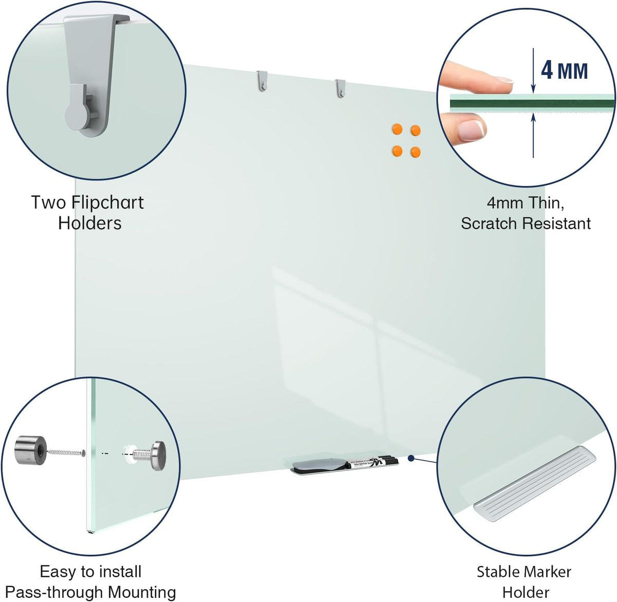 TSJ OFFICE White Board for Wall - 48" x 36" White Glass Board 4 X 3 FT
