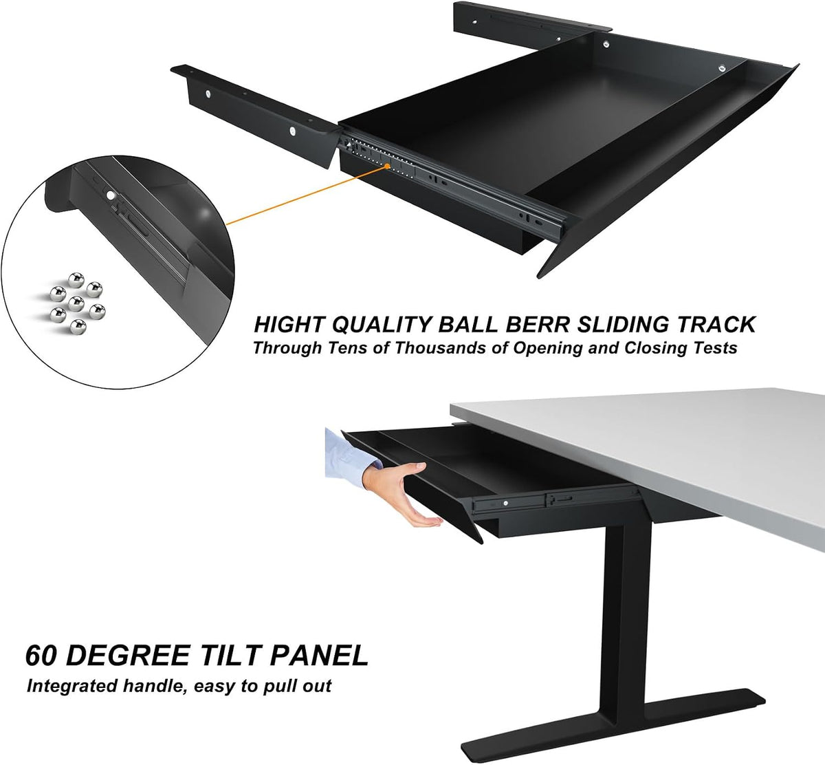 Large Under Desk Mounted Sliding Drawer with Pencil Tray and 60 Degree Tilt P...