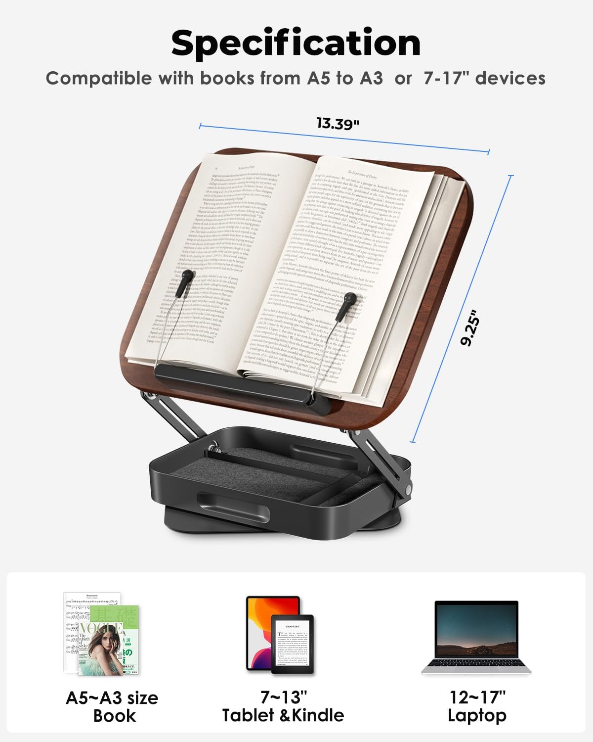Viozon 360° Rotating Ergonomic Book Stand for Reading - Adjustable Wood Book ...