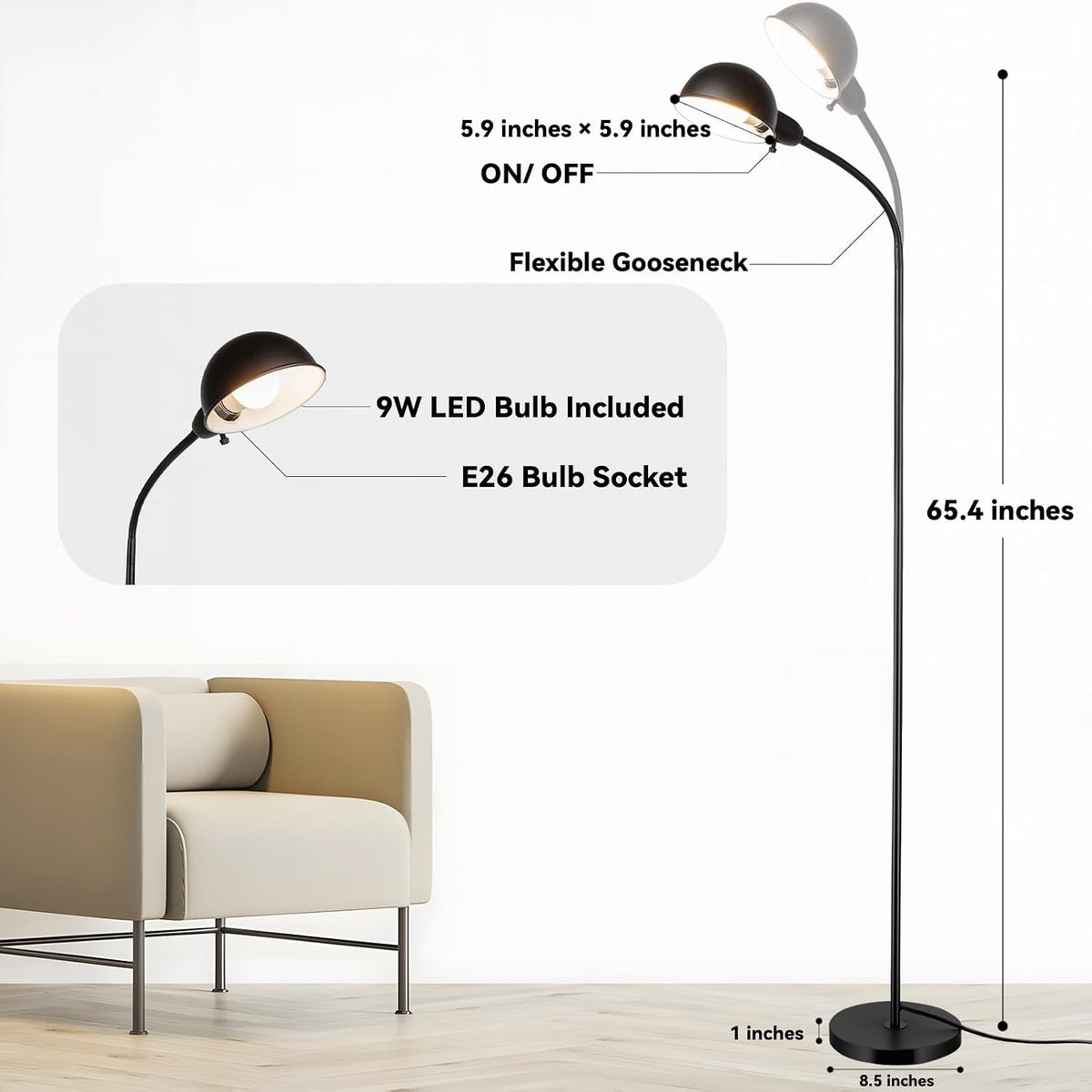 LALISU Modern Metal Reading Standing Floor Lamp with Rotatable Shade, Black