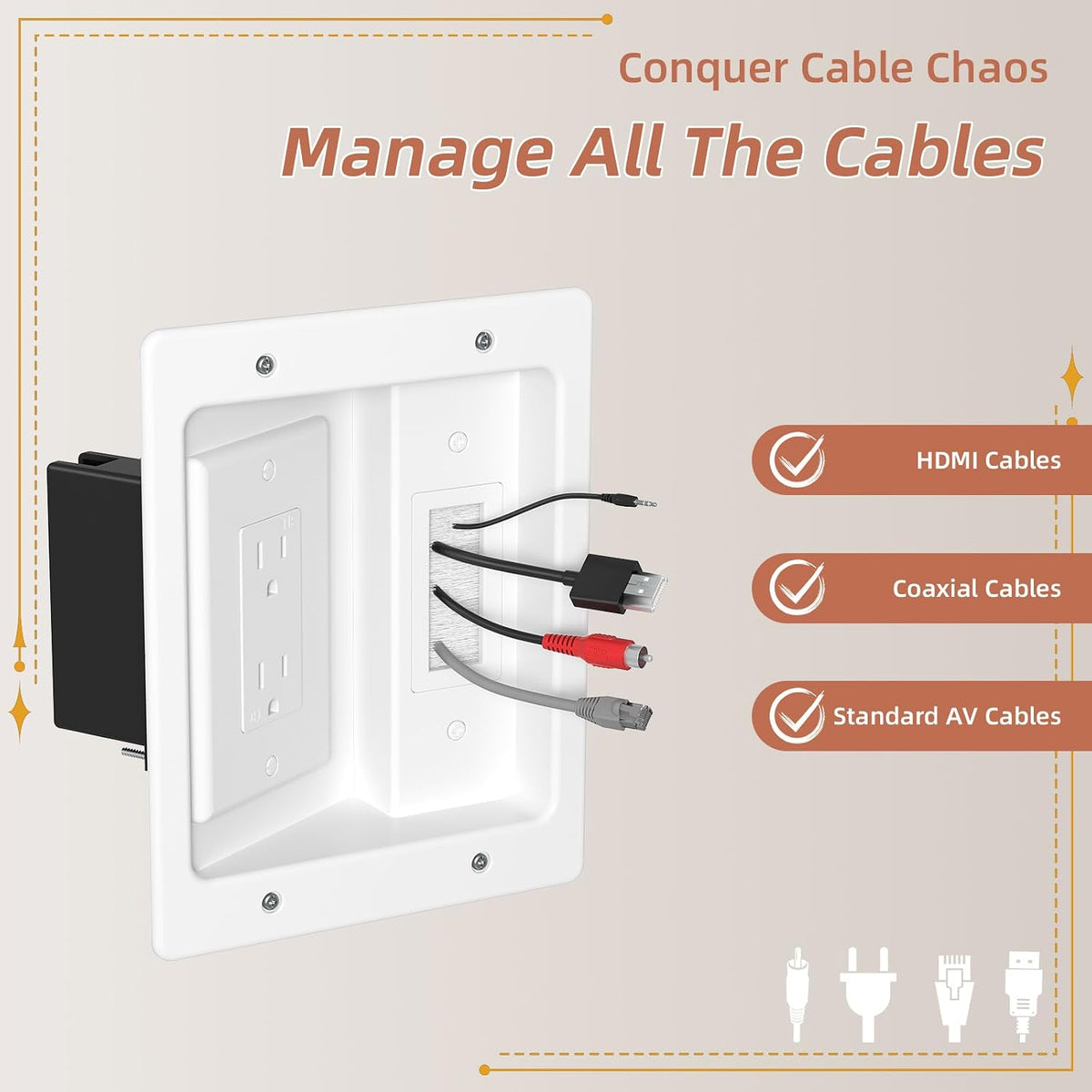 in Wall Cable Management Kit with Brush Wall Plate TV Wire Hider for Wall 2AC...