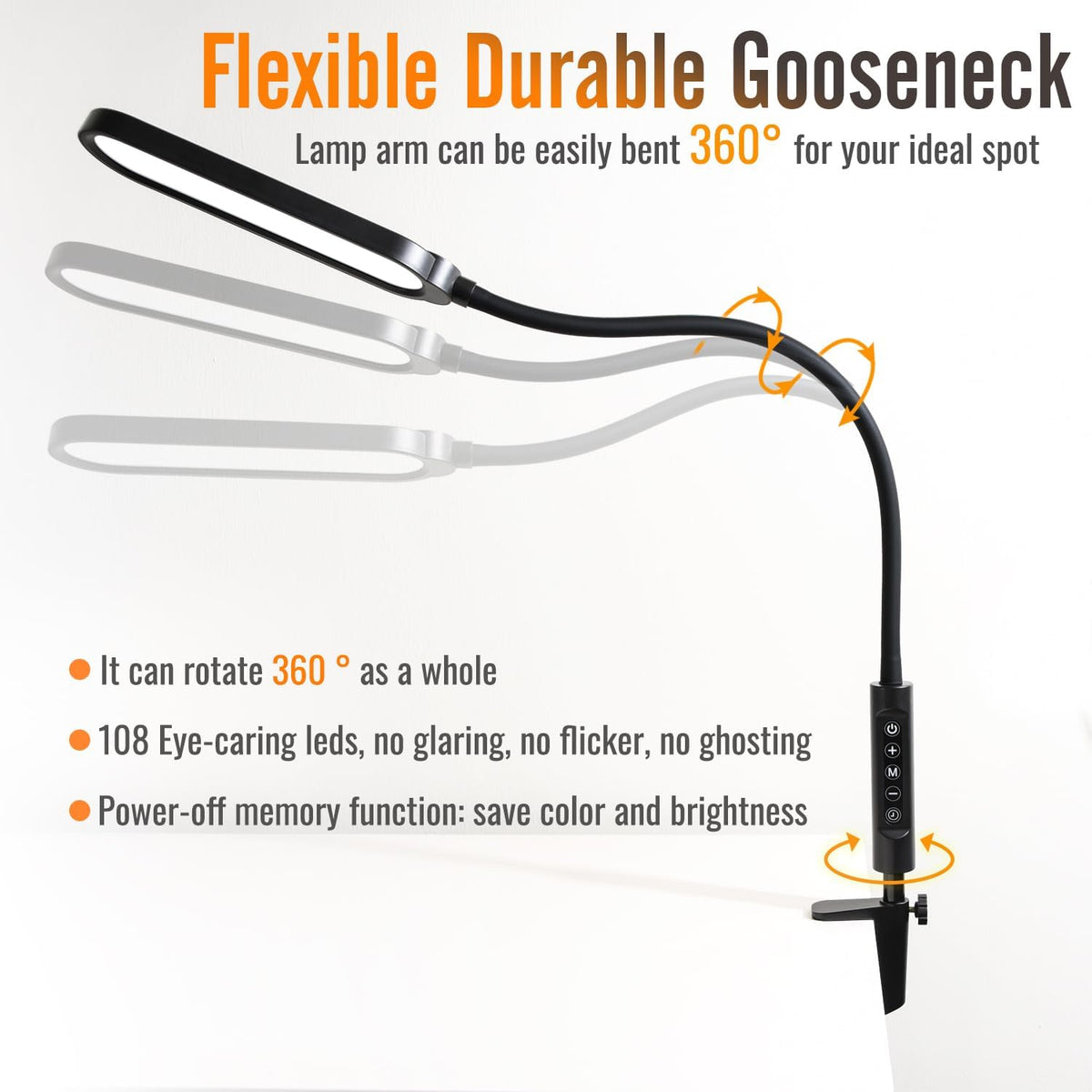 18W 3000LM LED Clamp Desk Lamp, CRI 95, Touch and Remote Control