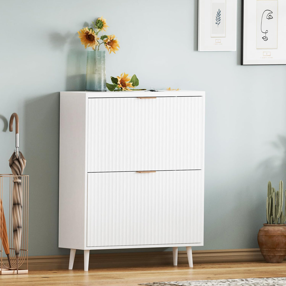 Shoe Cabinet Storage,Modern Freestanding Organizer with 2 Flip Drawers,Narrow...