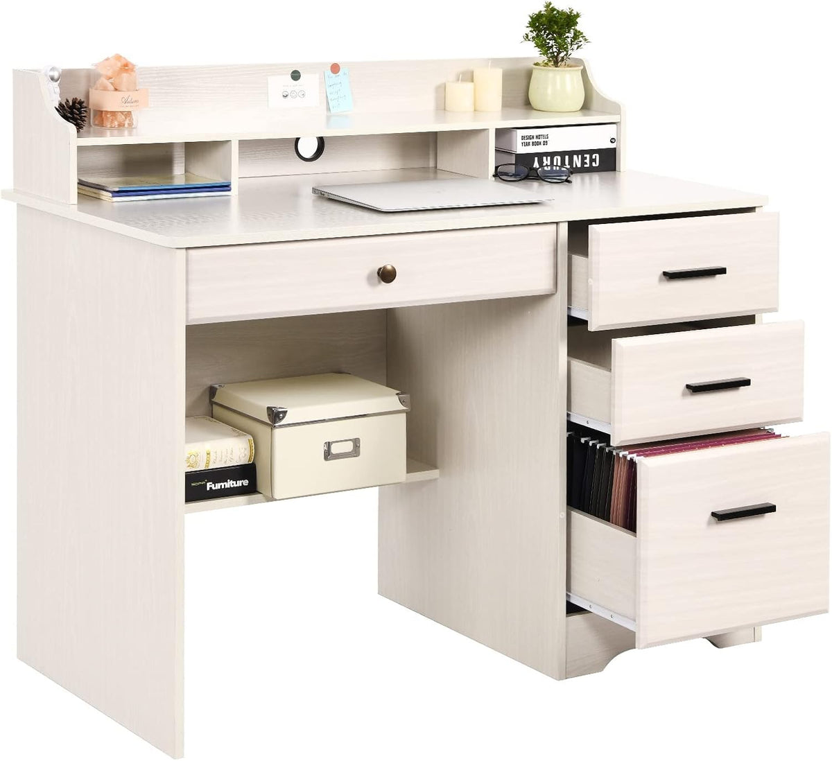 White Home Office Desk with 4 Drawers & Hutch, Computer Table for Bedroom...