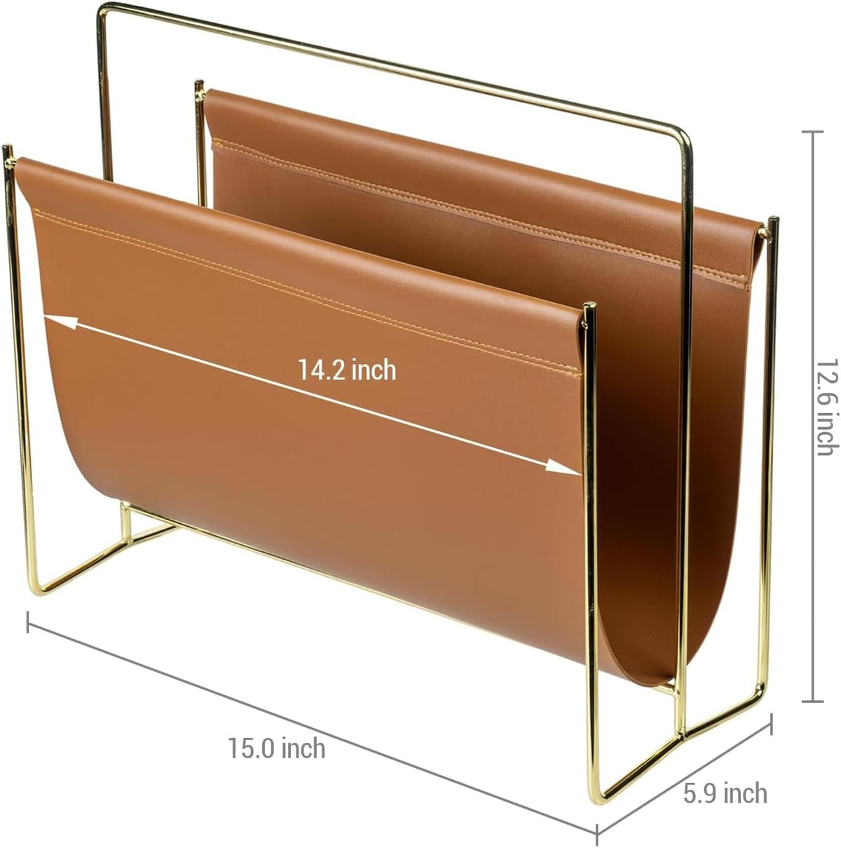 MyGift Caramel Leatherette Magazine Holder with Brass Metal Frame, 15 Inch