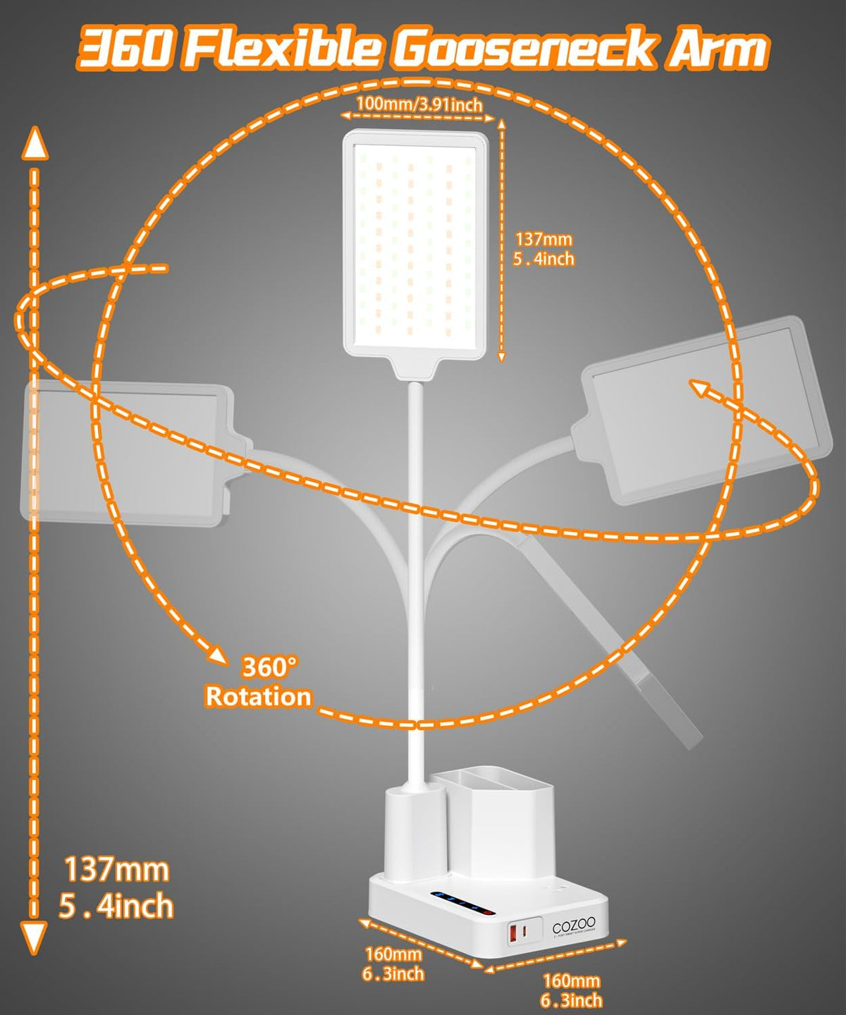 cozoo LED Desk Lamp for Dorm USB A/C Charger Pen Holder 3 Light Modes White
