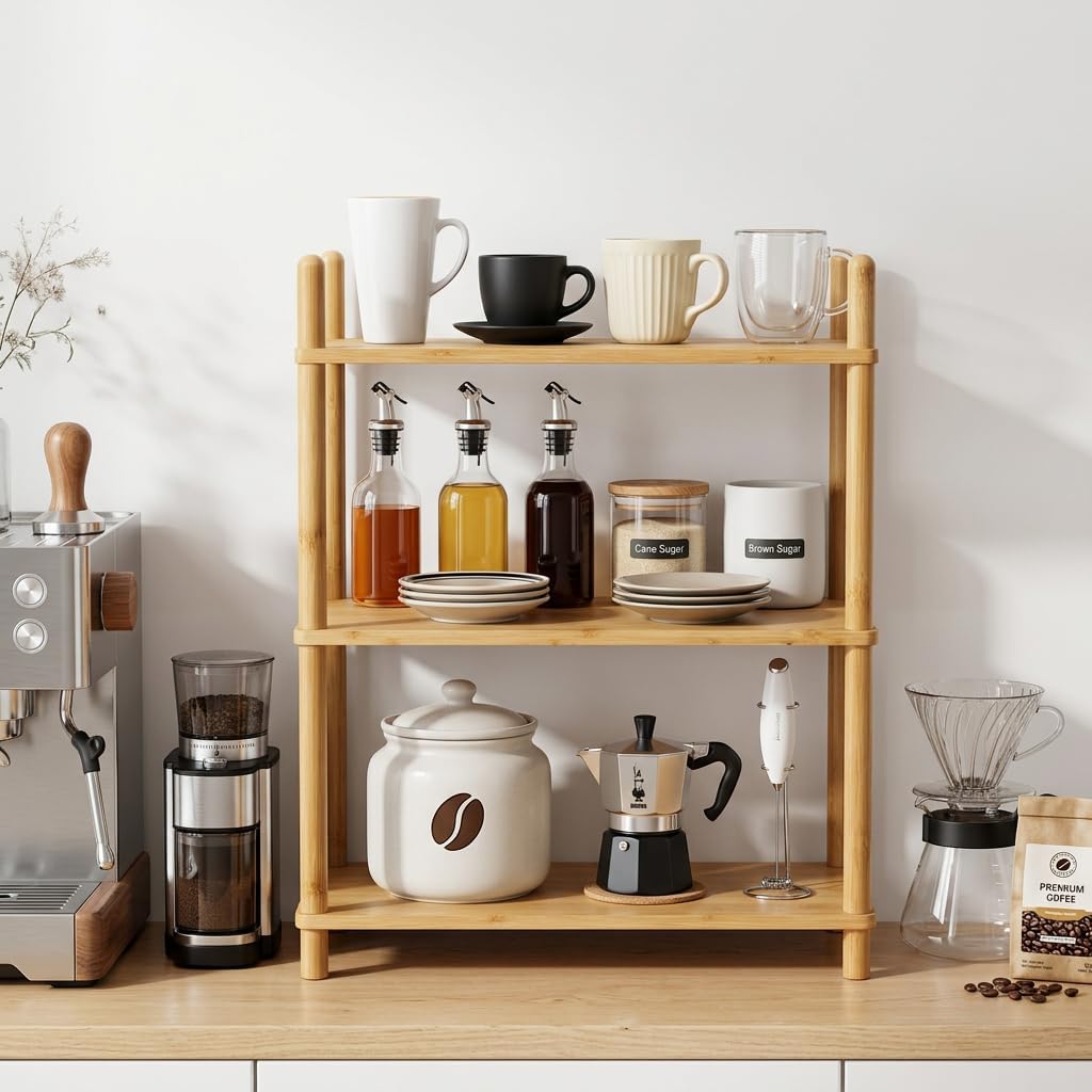 3‑Tier Bamboo Coffee Bar Organizer, Countertop Display Stand Shelf,Natural
