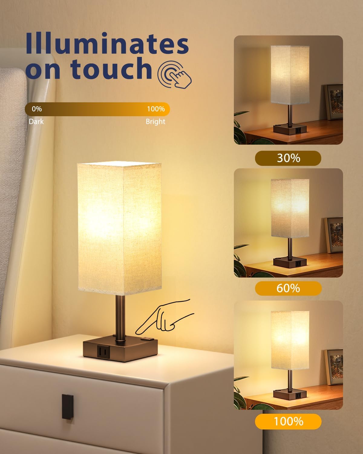 Brown Touch Table Lamp for Bedroom - Dimmable, USB C+A, 2 AC Outlets