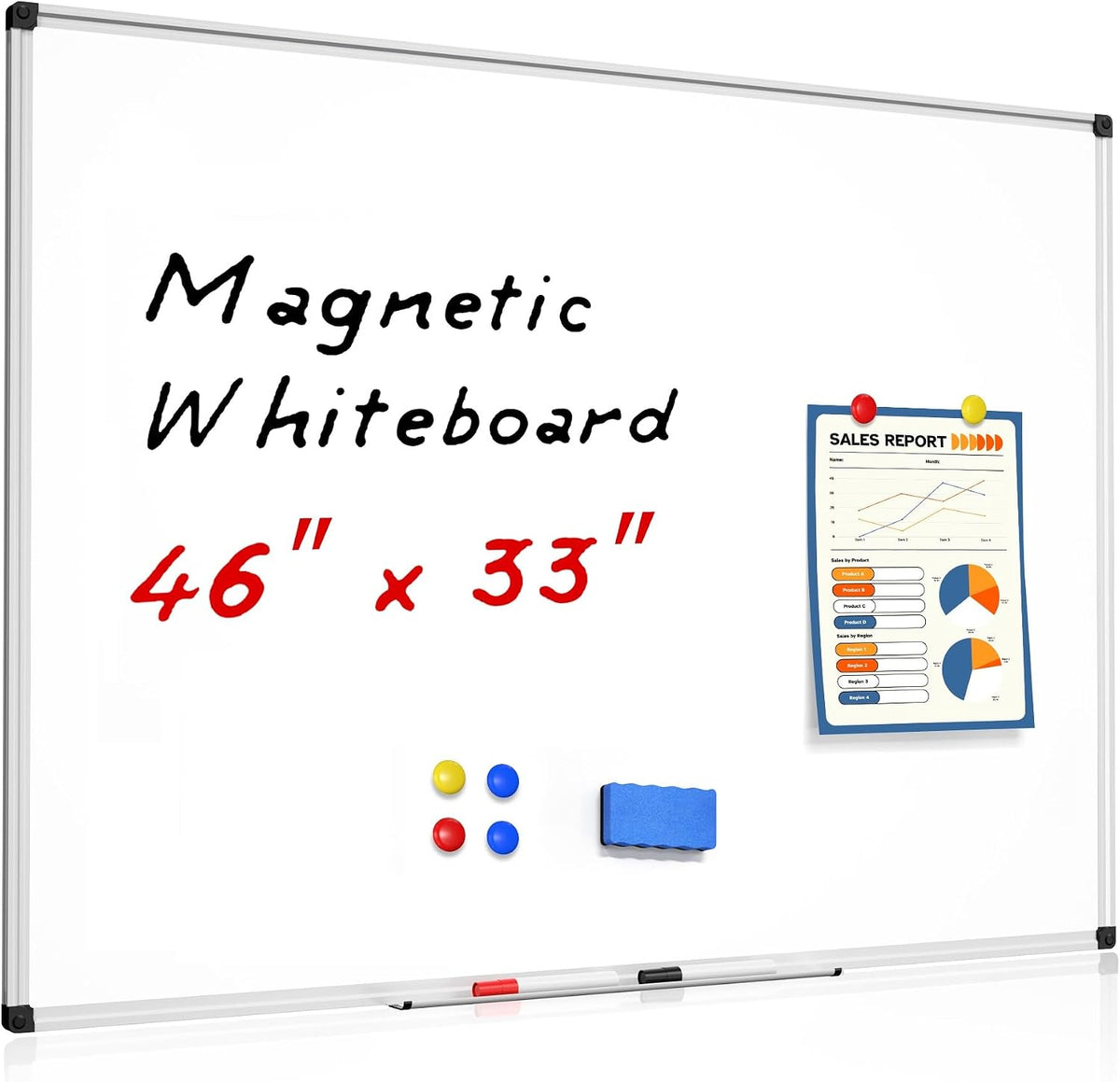 Magnetic Dry Erase White Board - 46 x 33 Inch Wall Mounted Large Whiteboard