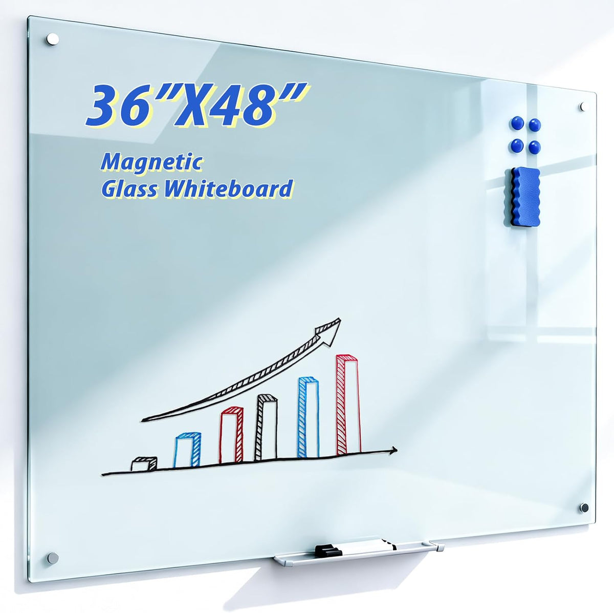 Magnetic Glass Dry Erase Board, 48 x 36 Inch, Frameless Wall Mount