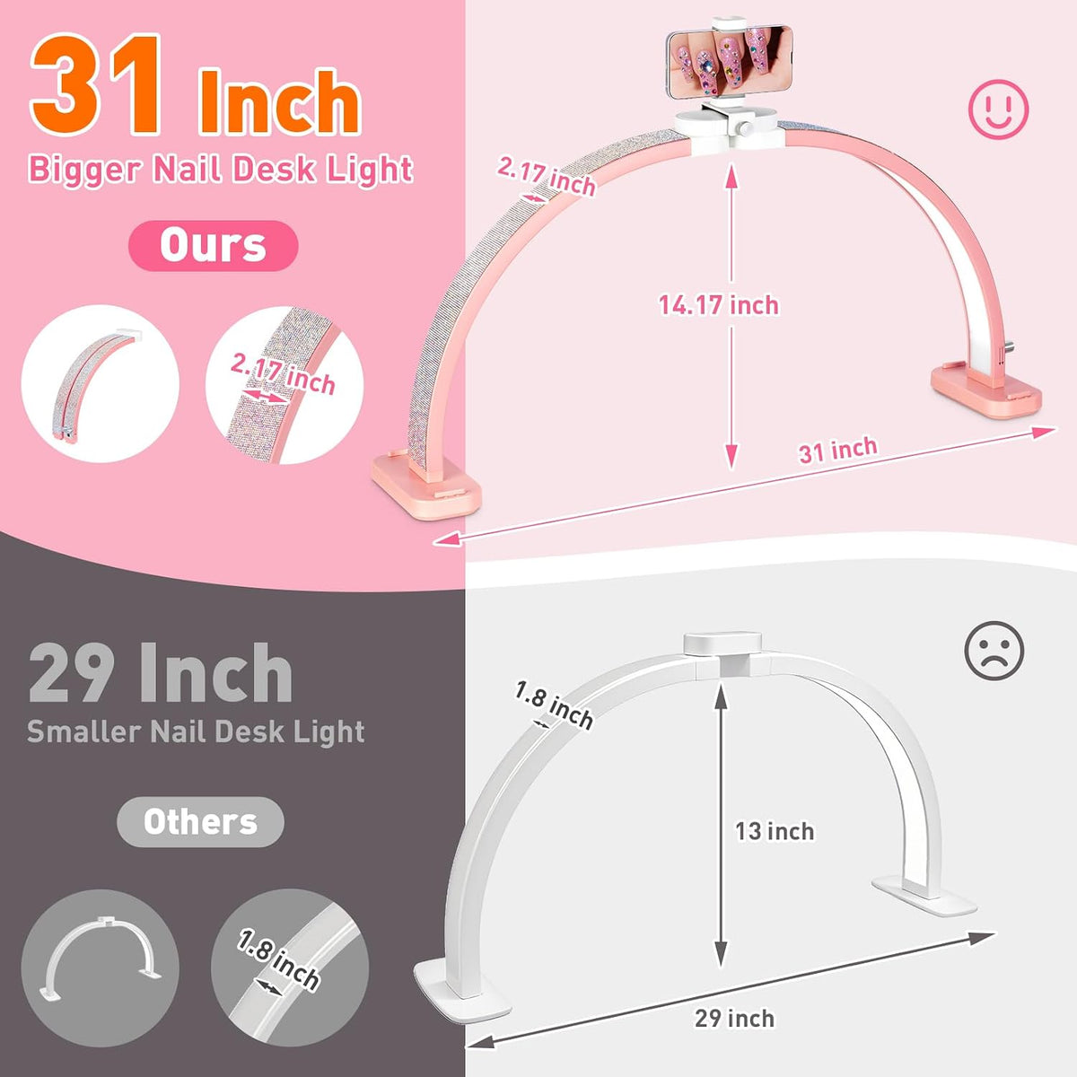 HITTI Super Large 31in Half Moon Light for Nail Desk, Crystal Diamond Pink
