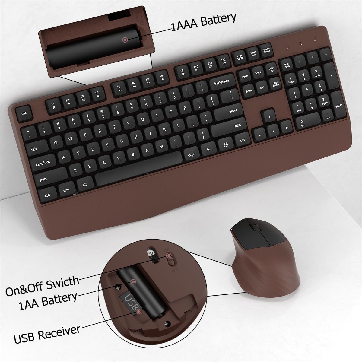 Ergonomic Wireless Keyboard and Mouse Combo with Wrist Rest (Black Coffee)