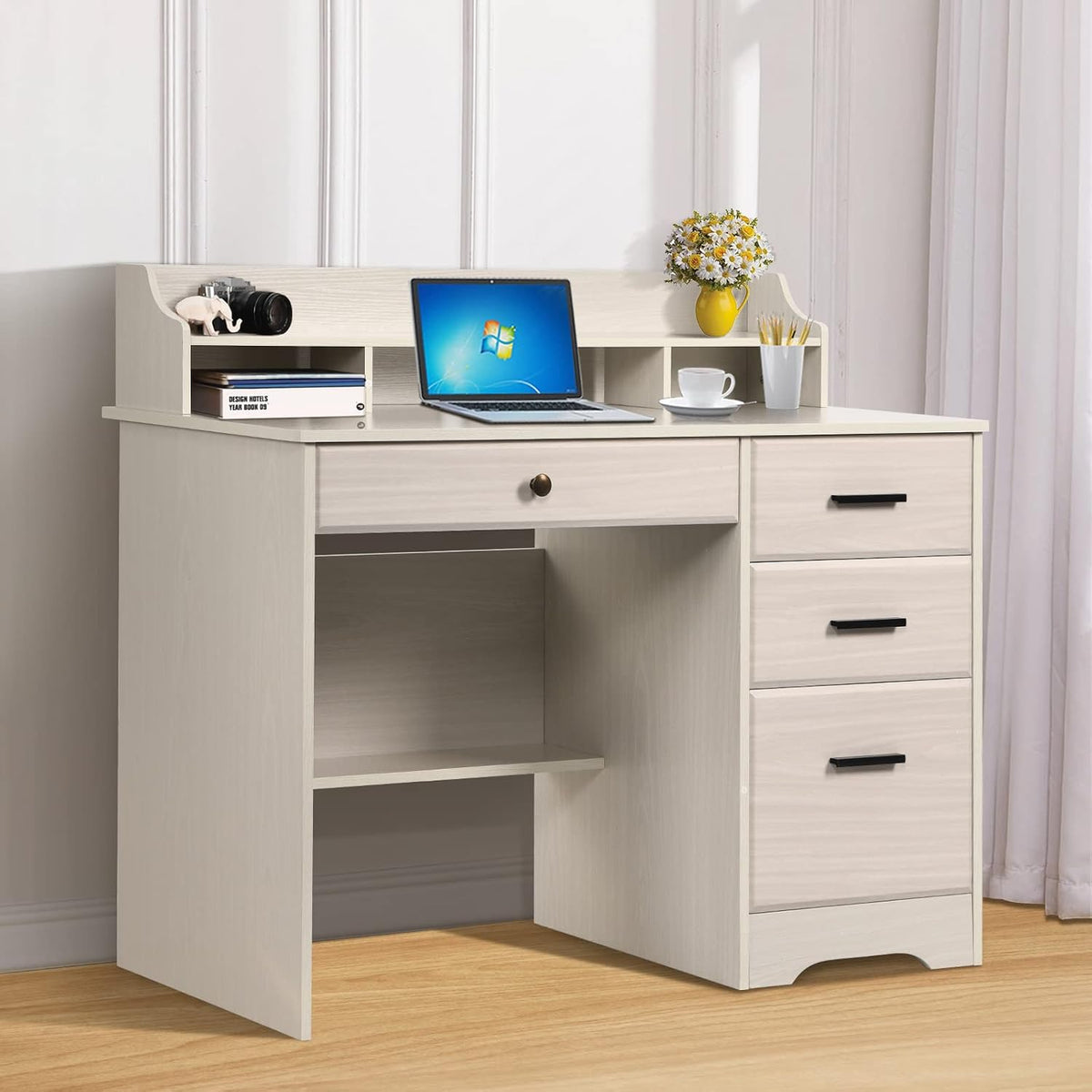 White Home Office Desk with 4 Drawers & Hutch, Computer Table for Bedroom...