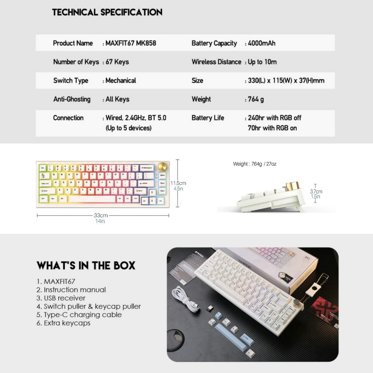 FANTECH Maxfit67 RGB 65% Gaming Keyboard - Hot Swap Kailh White Switch