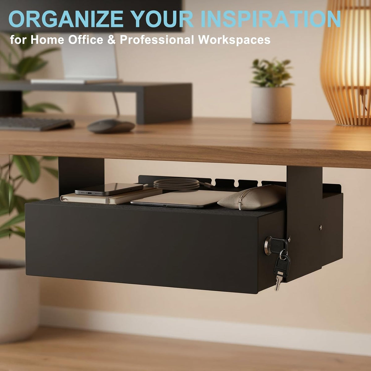 Under Desk Drawer with Lock, 13.8 Inch Slide-Out Metal Storage Drawer,Black