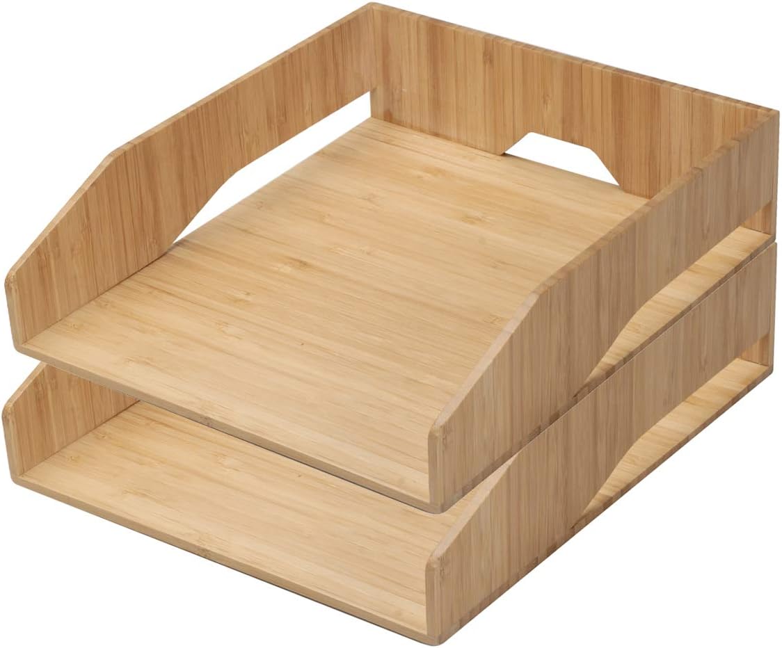 MobileVision 2 Pack Stackable Bamboo Paper Tray Office Organizer for Files, D...