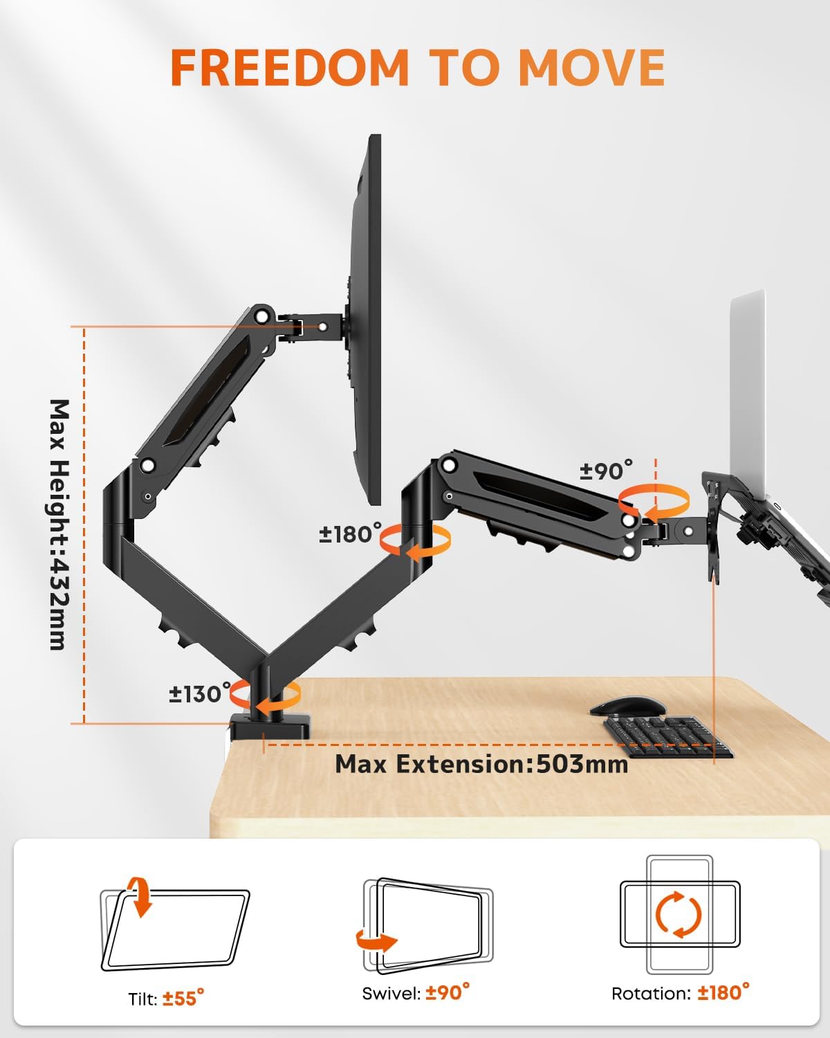 PUTORSEN Monitor and Laptop Arm for Max 32” Monitor and 17” Laptop