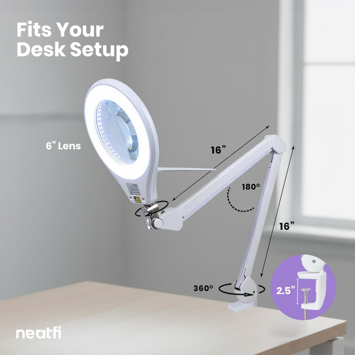 Neatfi Elite LED Magnifying Lamp, 6-Inch 2.25X/4X Lens, Clamp (White)