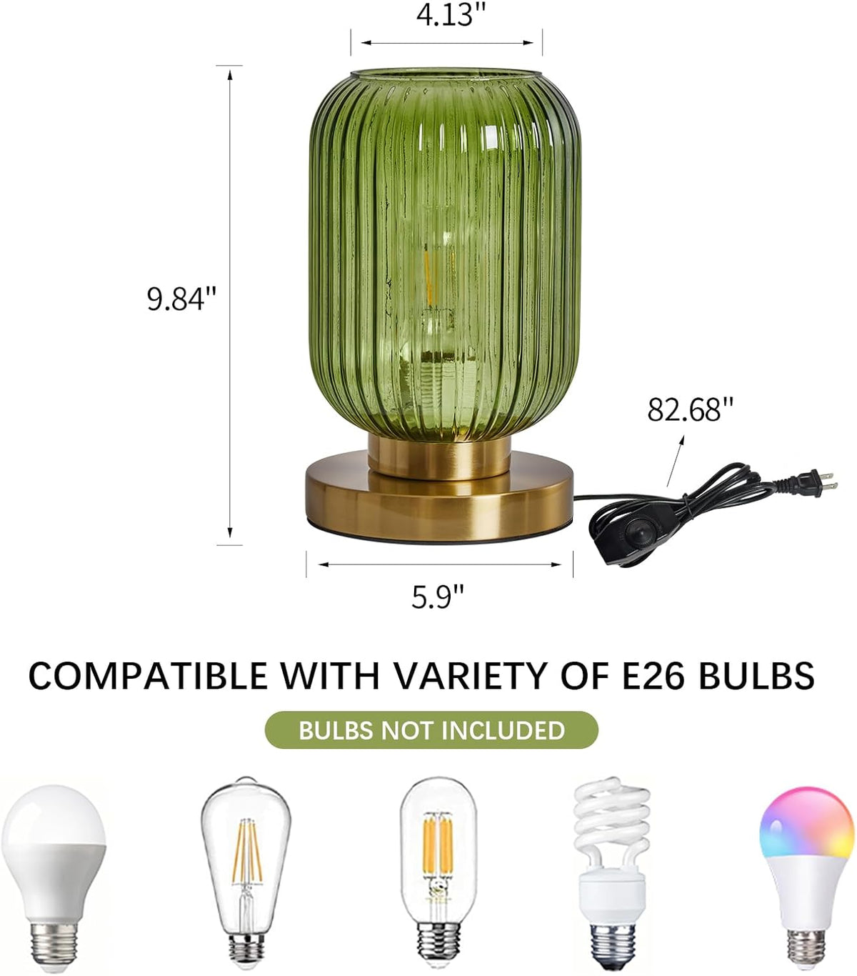 Green Glass Table Lamp,Vintage Gold Base Ribbed Bedside Lamp