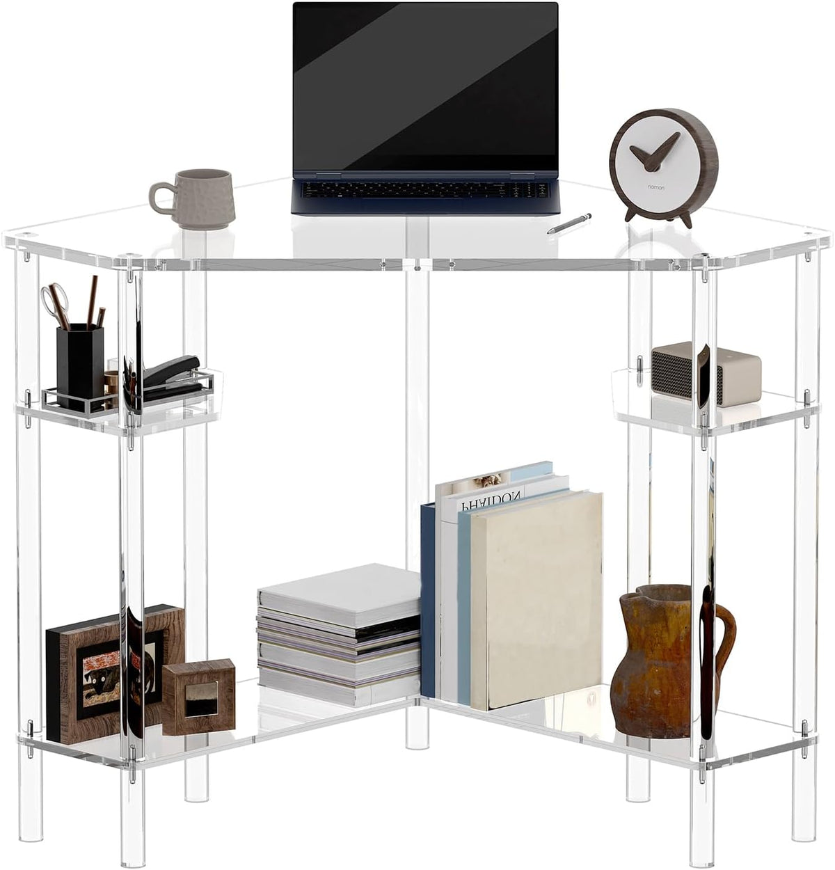 Eglaf Acrylic Triangle Corner Desk, 90-Degrees, Clear Desk with Storage