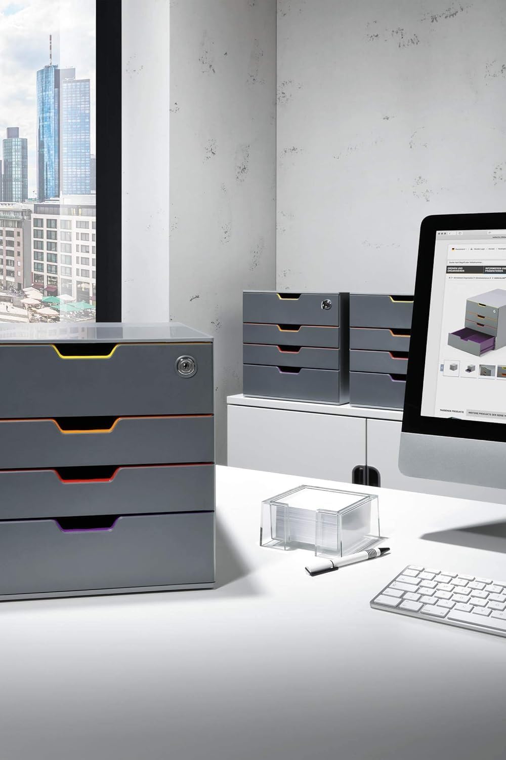 Durable Varicolor Drawer Organizer, 4 Lockable Color Coded Drawers, Gray