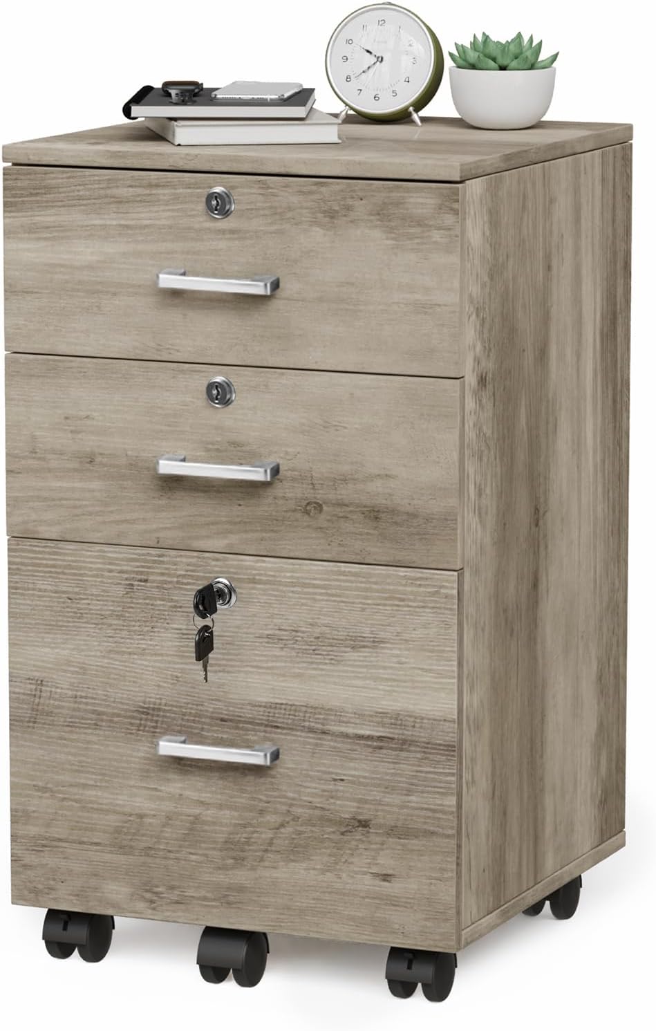 VINGLI 3-Drawer File Cabinet with Lock, Wood Rolling Under Desk File Cabinets...
