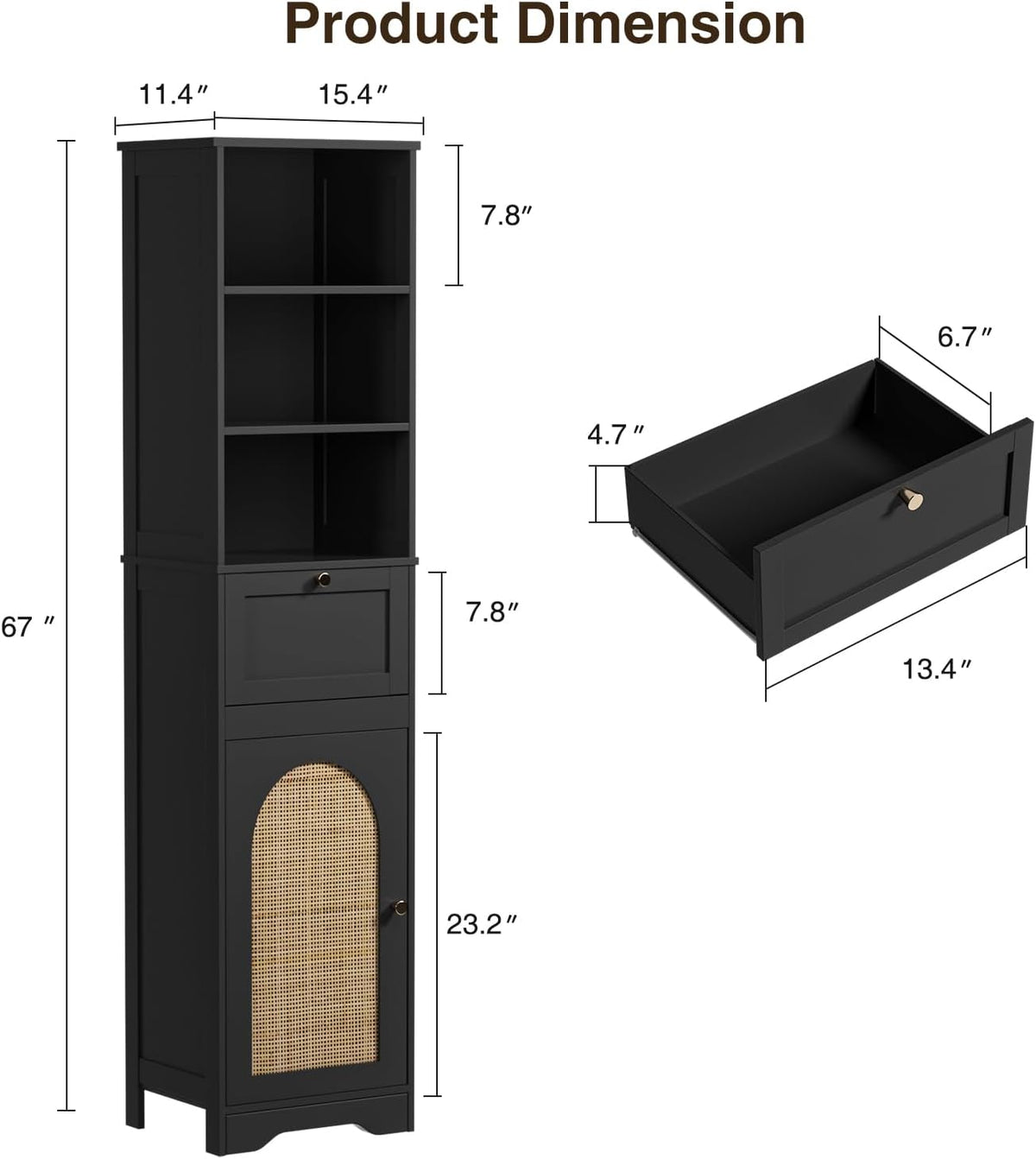 Tall Narrow Rattan Bathroom Storage Cabinet with Doors and Drawers, Black