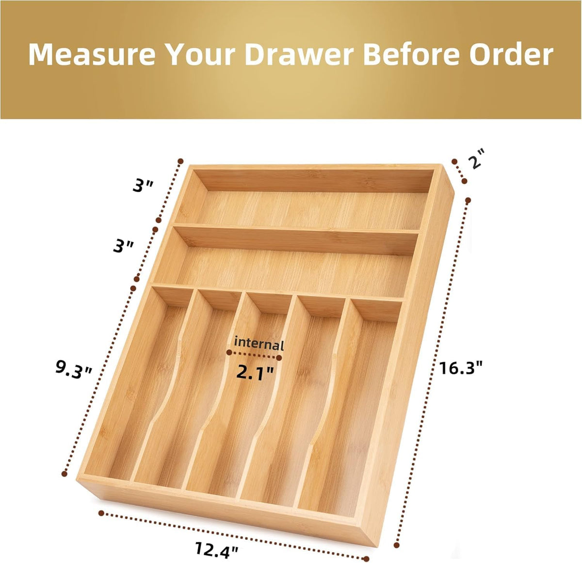 13" Bamboo Kitchen Drawer Organizer,7 Slots Silverware Cutlery Organizer