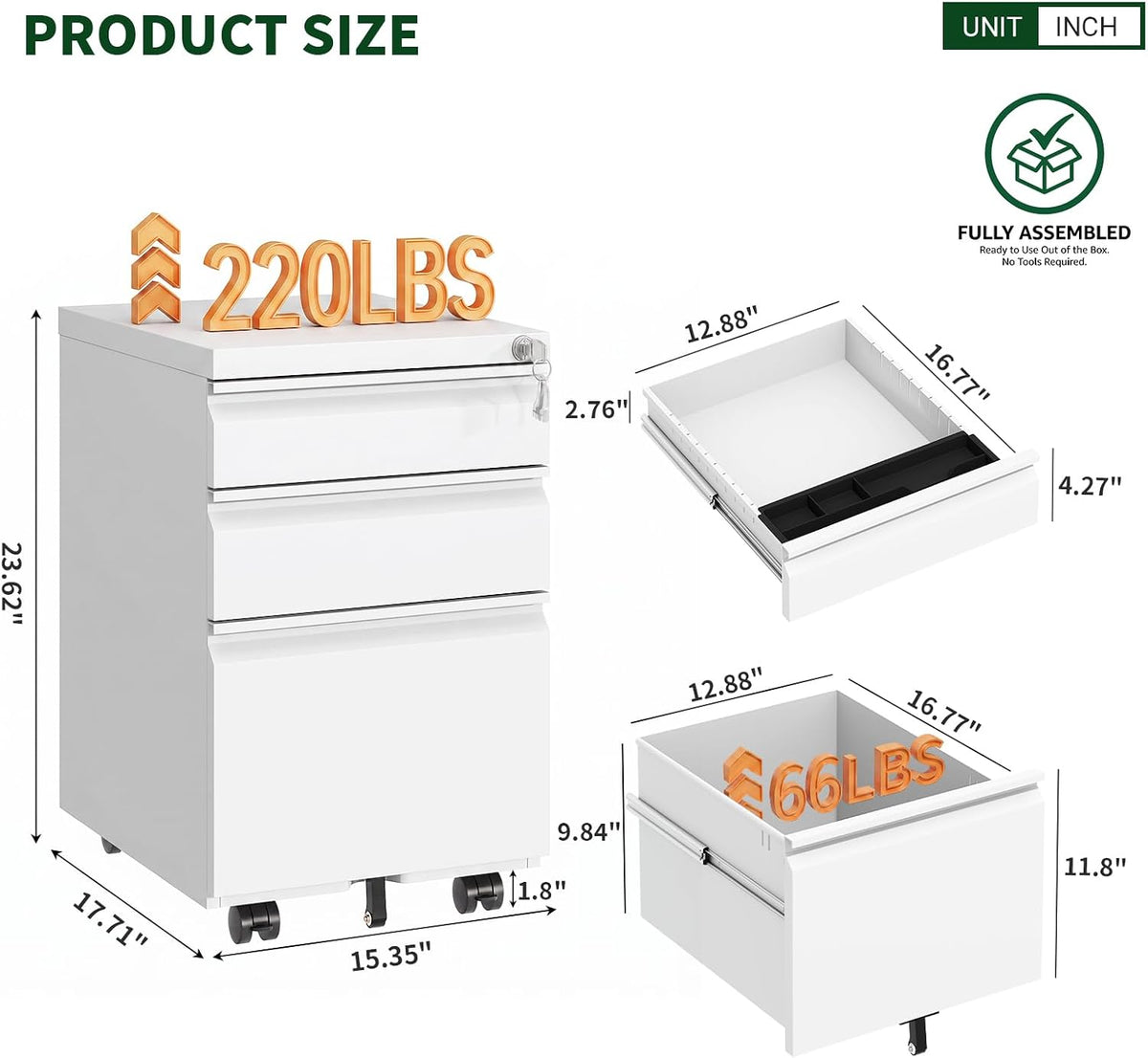 3 Drawer Metal File Cabinet with Lock & Rolling Casters