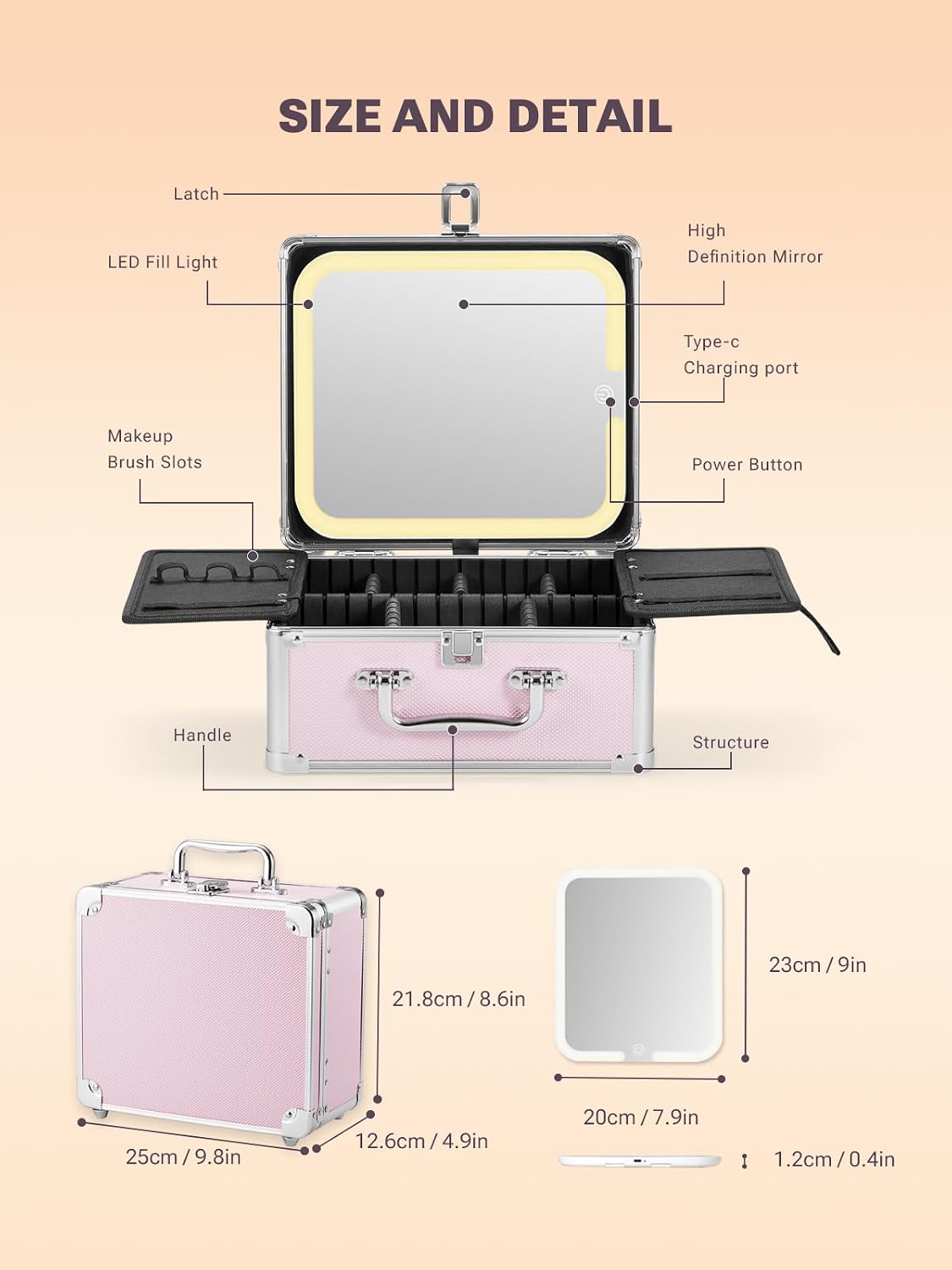 Qislee Makeup Box with Detachable Magnetic LED Mirror, Travel Train Case