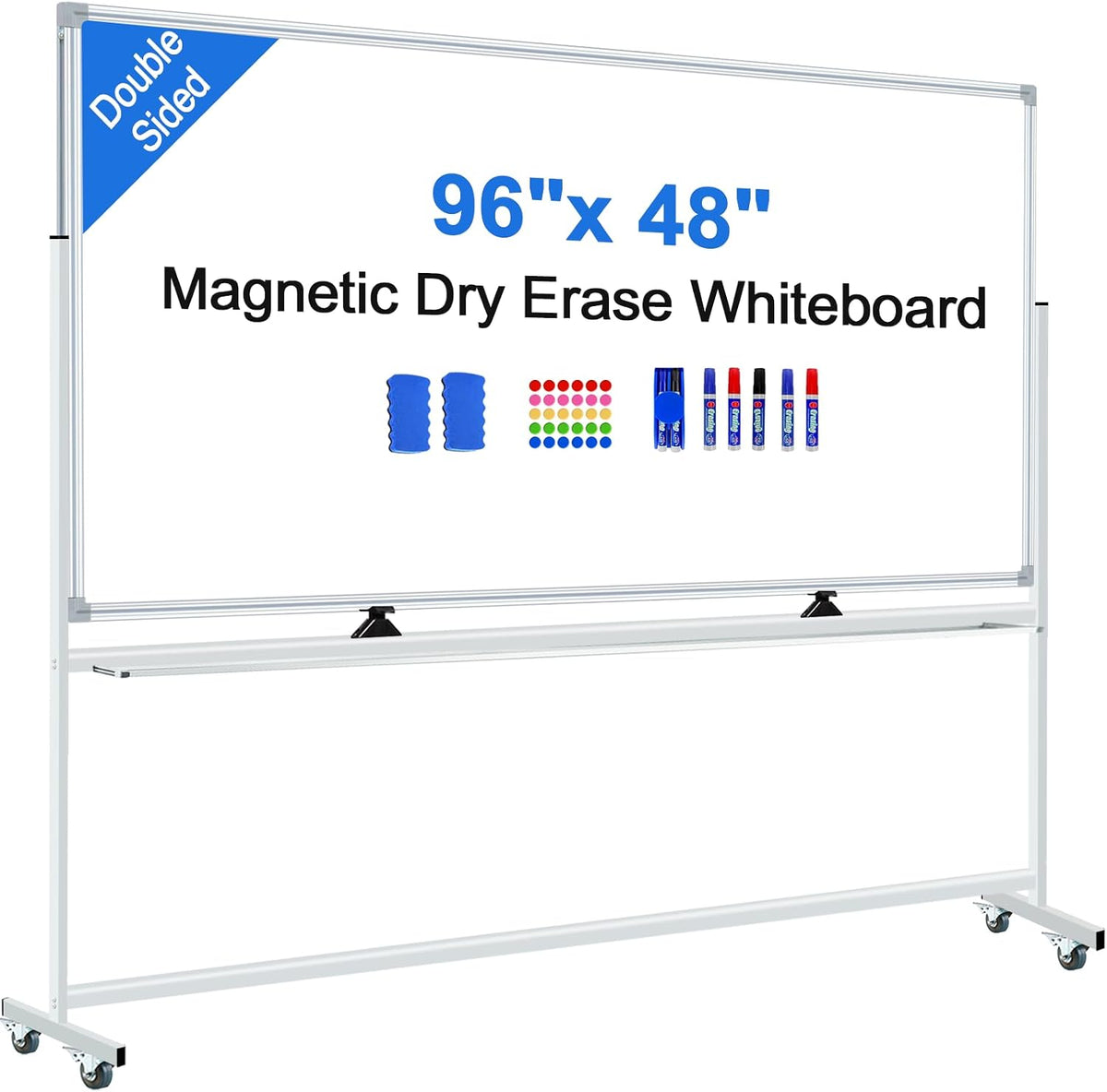 96"x48" Large Magnetic White Board Dry Erase Whiteboard with Rollin...