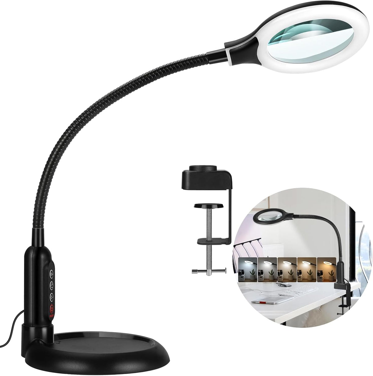 10X Magnifying Glass with Light and Clamp, 5 Color Modes Stepless Dimmable Li...