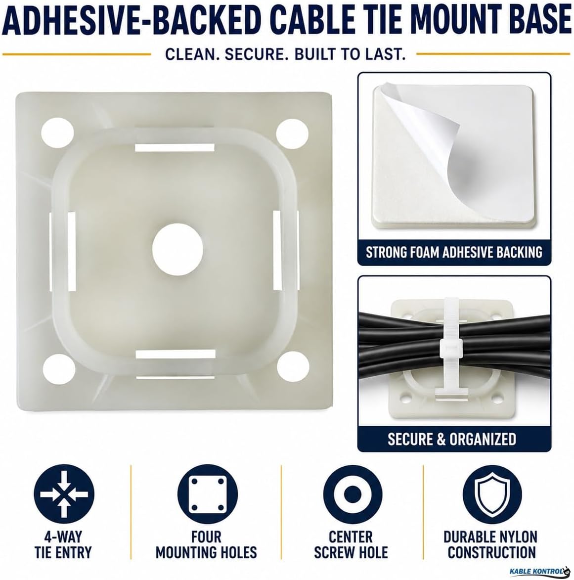 Kable Kontrol Zip Tie Mounts, 1-1/2” Natural White 2500 Pcs Adhesive Backed