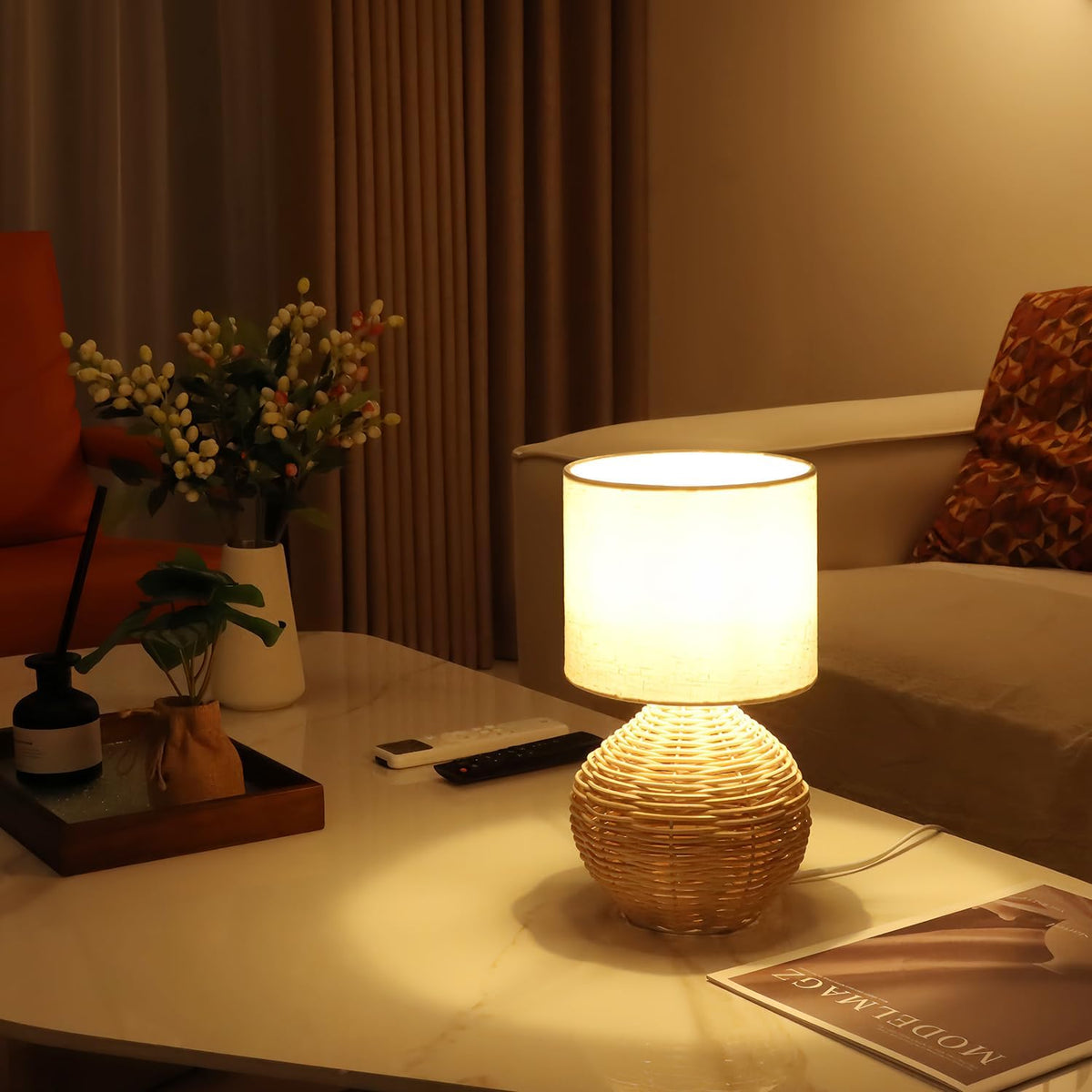 Rattan Table Lamp, Boho Farmhouse Style, Cotton Linen Lamp Shade, 6.2×6.2×11....