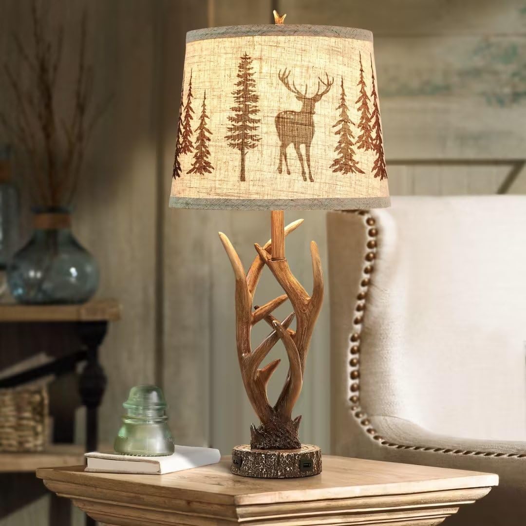 Dungoo 26" Rustic Antler 3-Way Dimmable Table Lamp Set of 2 with 2 USB Port
