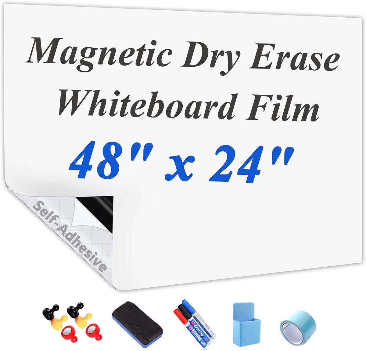 JUMUBOARD Self-Adhesive Magnetic Dry Erase Whiteboard Sticker, 48" x 24&...