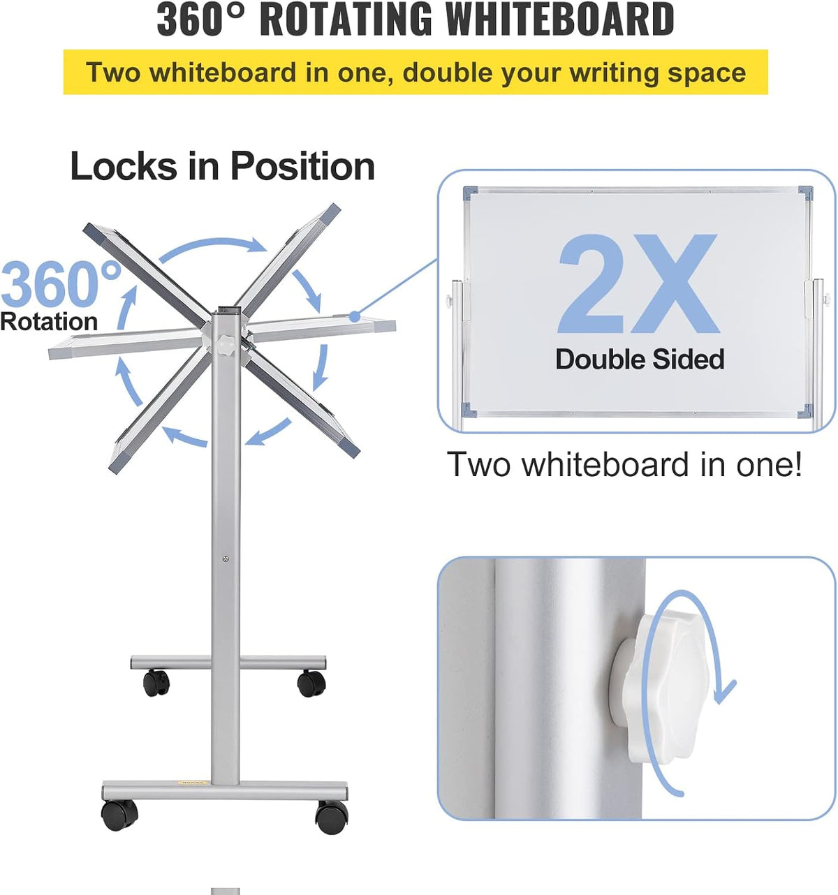 VEVOR Mobile Magnetic Whiteboard, 36 x 24 Inch, Double Sided, 360 Degree Reve...