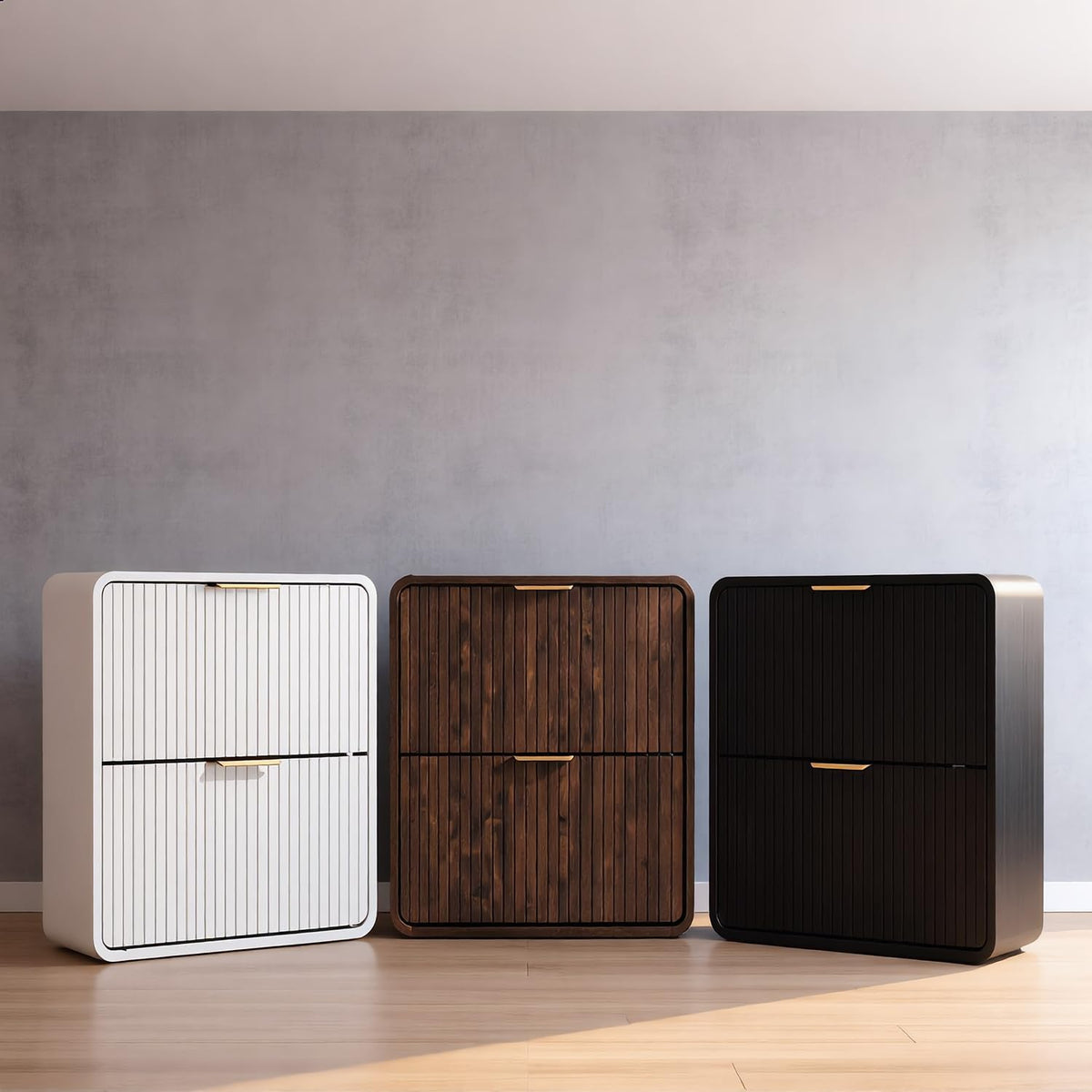 Modern Shoe Cabinet with 2 Flip Drawers, Fluted Panel Freestanding Wood Organ...