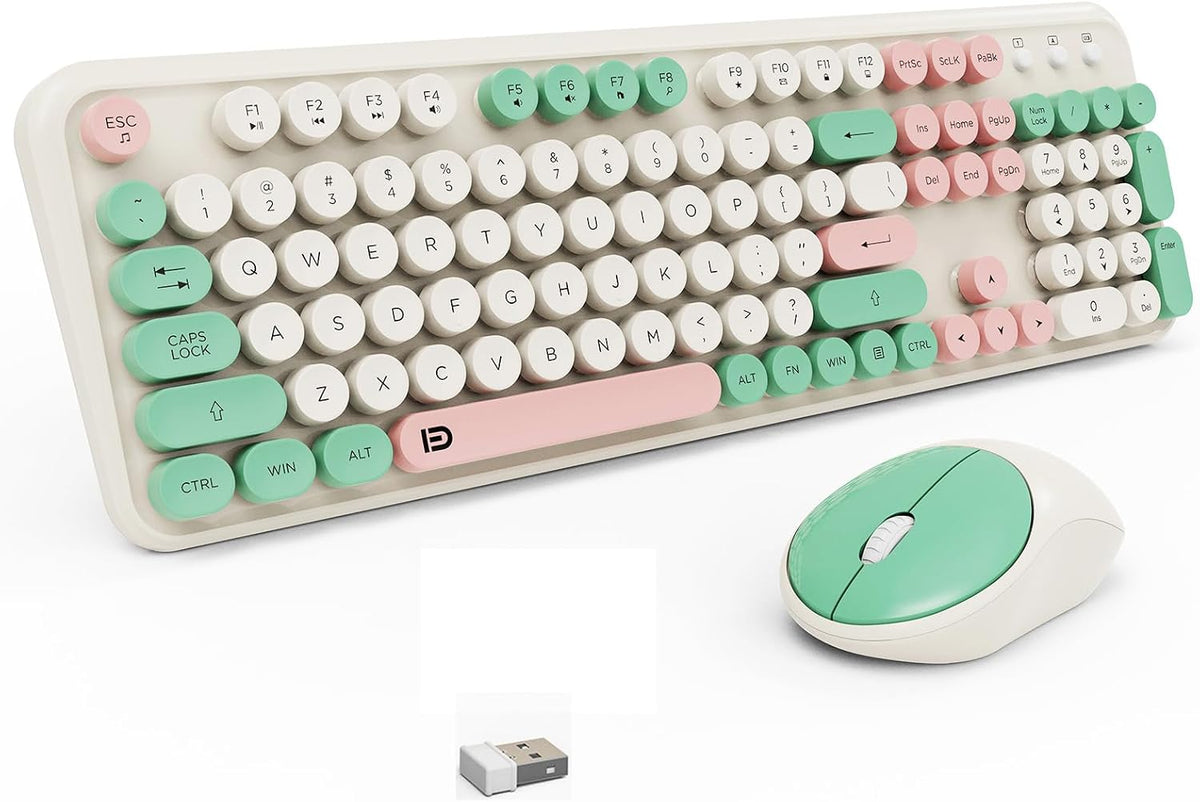 Wireless Keyboard and Mouse Set, 105 Keys Full-Size Cute Colorful Keyboard an...