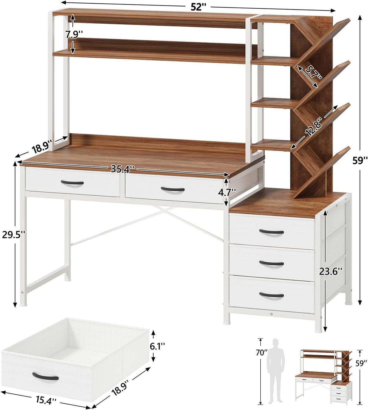 YOMILUVE 52" Computer Desk with Bookshelf, 5 Drawers & Hutch for Bedroom
