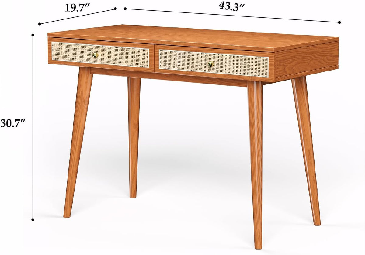 Mid-Century Modern Solid Wood Desk with Drawers – 45 inch Small Boho Rattan W...