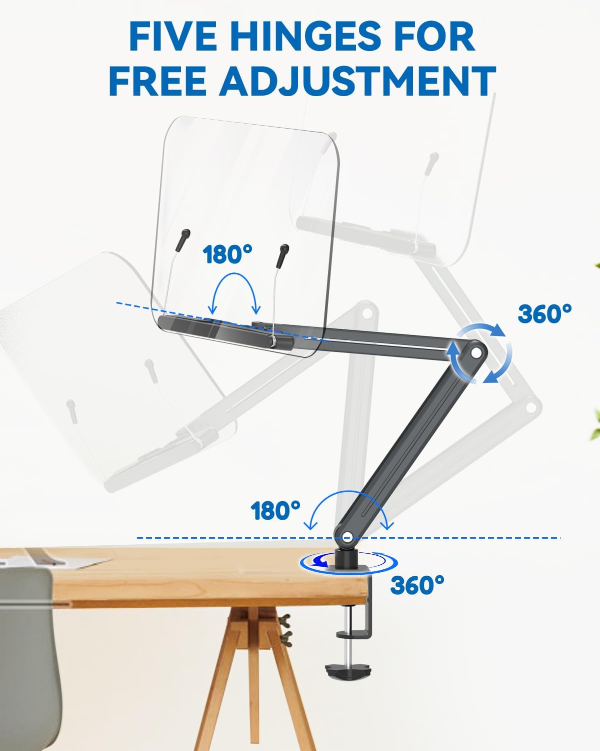 Desk Clamp Acrylic Book Stand for Reading, Ergonomic Design Adjustable Height...