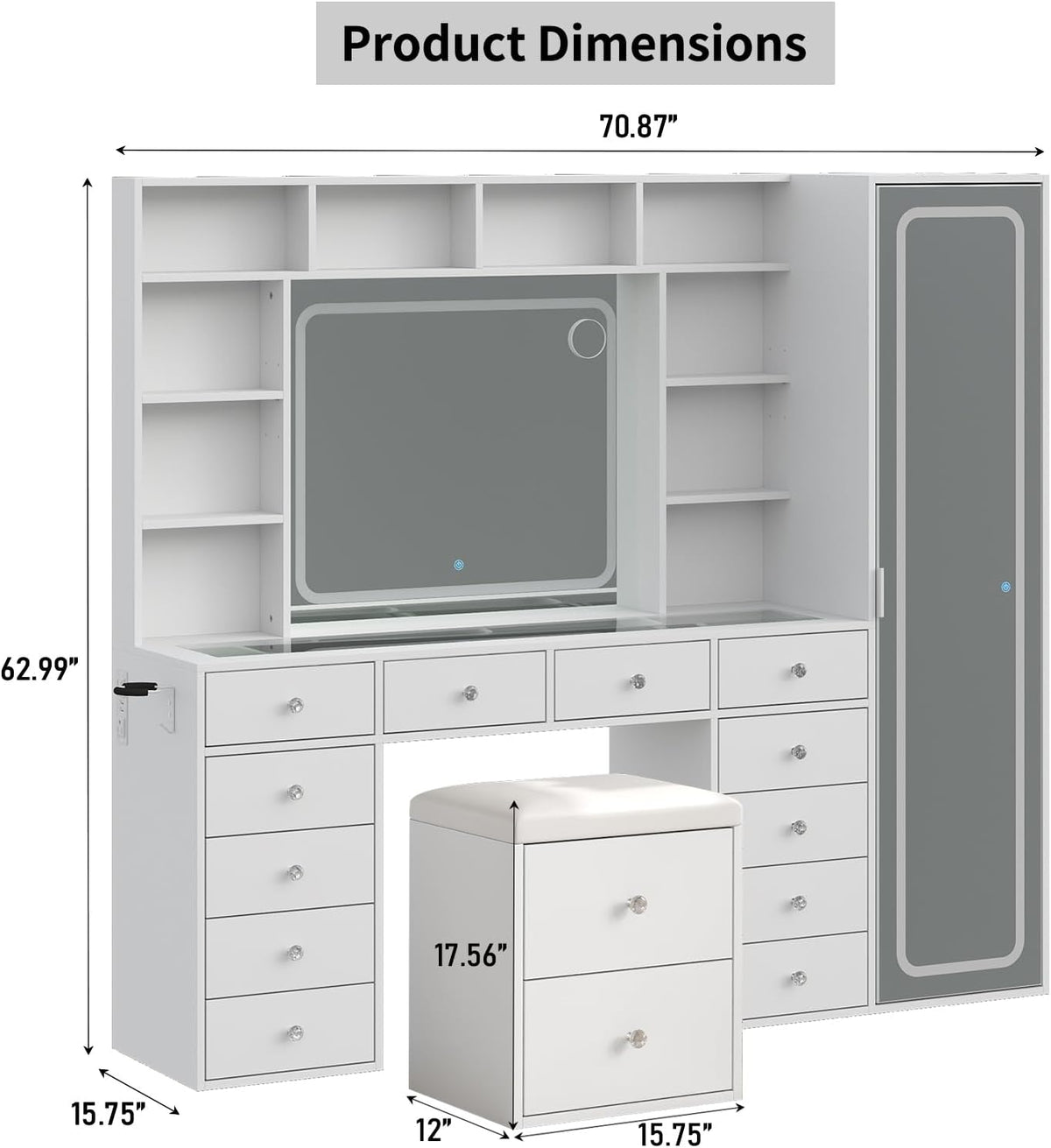 71'' Vanity Desk with LED Lights & Body Mirror, Hidden Cabinet, W...