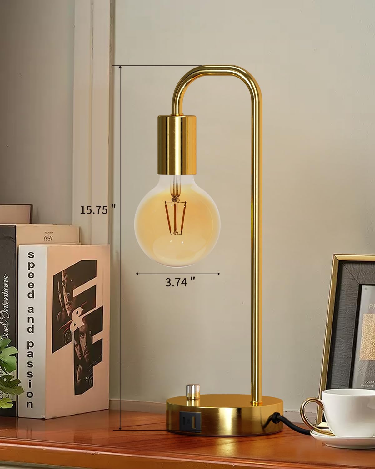 ONEWISH Industrial Table Lamp with 2 USB Port, Stepless Dimmable Nightstand B...