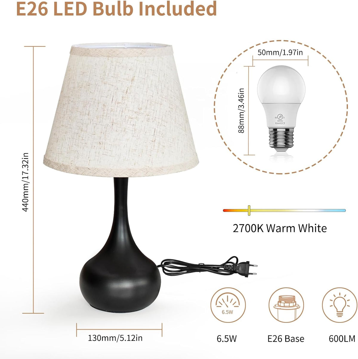 ONEWISH Touch Bedside Lamp, Farmhouse 3-Way Dimmable Table Lamps for Nightsta...